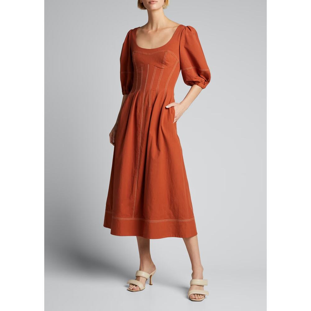 Jonathan Simkhai Lena Puff Sleeve Midi Dress Brick Rust Brown
